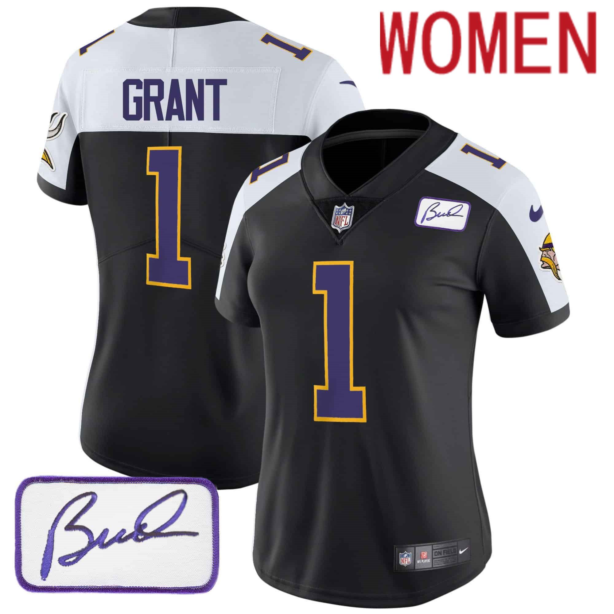 Women Minnesota Vikings #1 Grant Black 2024 Nike Bud Grant Patch Classic Limited NFL Jersey style 1